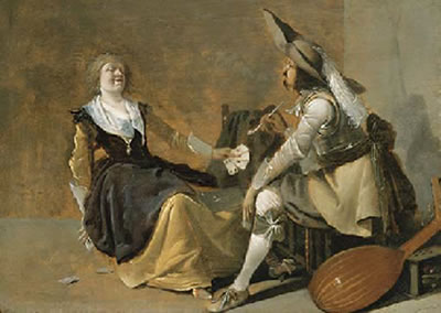 A soldier and a laughing girl in an interior