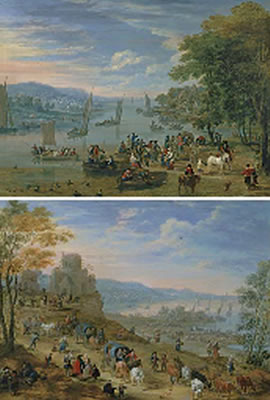 A coastal scene with travelers and drovers, a harbor in the distance; and a town on an estuary with peasants in boats