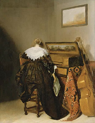 A lady seated at a virginal holding a letter