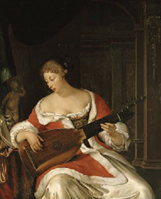 A lady playing a lute in an interior