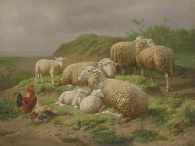 Sheep and Roosters in a Pasture