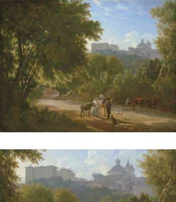 A Valley in the Alban Hills with Travelers on a Road, a view of the Chigi Palace and Santa Maria dell'Assunta beyond (2) by Achille Etna Michallon - Auction record, sale price, and art valuation. Compare with similar artists and explore comparable artworks.