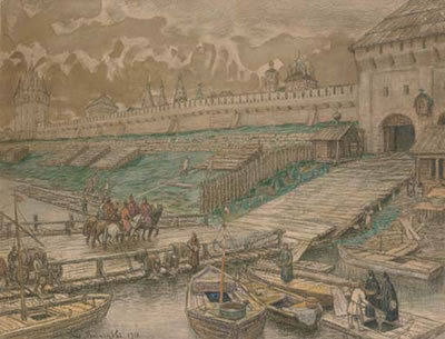 Old Moscow: The Floating Bridge and Walls of the White City in 1661