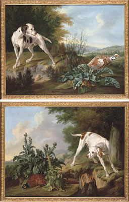 An extensive landscape with a pointer flushing a pheasant by a thistle; and An extensive river landscape flushing an ornamental pheasant and a quail