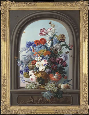 Tulips, roses, irises, peonies, morning glory, narcissi and other flowers in a sculpted urn with bunches of grapes and peaches in a casement