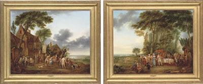 An extensive landscape with elegant company preparing to eat; and An extensive river landscape with people celebrating the return of army generals by Louis-Joseph Watteau de Lille - Auction record, sale price, and art valuation. Compare with similar artists and explore comparable artworks.