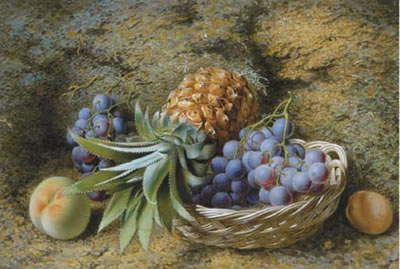A pineapple and grapes in a basket with peaches on a mossy bank