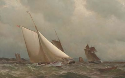 A New York Yacht Club cutter racing off a coast
