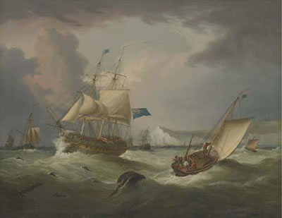A thirty gun frigate of the blue squadron off Dover castle in choppy seas by George Webster - Auction record, sale price, and art valuation. Compare with similar artists and explore comparable artworks.
