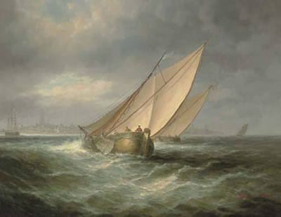 A wijdschip on a choppy estuary, a Dutch town beyond