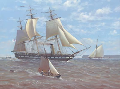 HMS Challenger dredging the sea behind