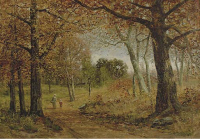Two Figures Walking on a Forest Path