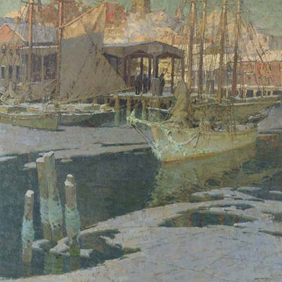 Sample artwork by Frederick Mulhaupt (1871 - 1938), known for harbor scenes, landscape and figure painting - View similar artists and auction records
