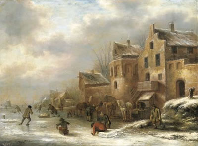 A winter landscape with skaters by a village