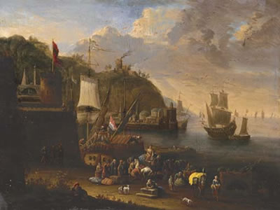 A port scene with figures unloading and shipping beyond