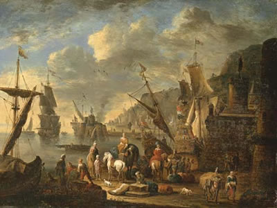 Oriental merchants in an imaginary Mediterranean port