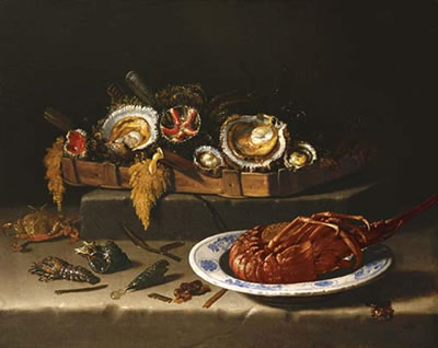 Shellfish in a basket, a lobster in a bowl and shells, a crayfish and a crab on a stone ledge