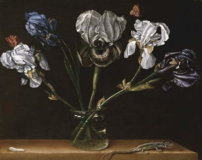 Irises in a glass jar, a lizard and a caterpillar on a tabletop by Paolo Porpora - Auction record, sale price, and art valuation. Compare with similar artists and explore comparable artworks.
