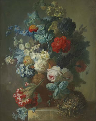 Roses, cineria, cockscombe, auricula, hops, hollyhocks, narcissi, helichrysum, geum and a carnation in a sculpted vase with chicks in a nest on a marble ledge