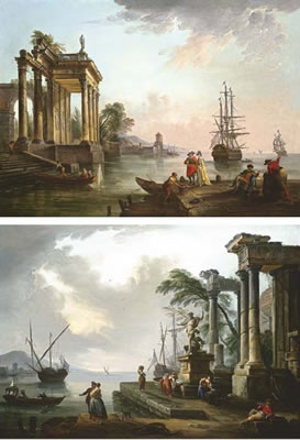 A port with elegant figures and fishermen on the quay and classical ruins beyond; and Figures by a fountain among classical ruins in a port (2)