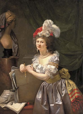 Portrait of a female artist, traditionally identified as Mademoiselle Halbou, three-quarter-length, in pink dress and a plumed hat, holding chalk and leaning on a portfolio, sketches and music sheets on a tabletop