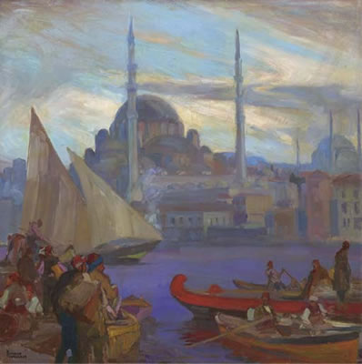 A View of the North-Western Facade of Yeni Cami situated along the Golden Horn with the Dome and Minarettes of Hagia Sophia behind, Constantinople