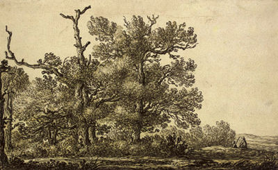 The edge of a wood with two figures and two sheep to the right, dunes seen beyond