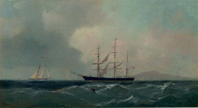 An American three masted clipper ship in San Francisco Bay
