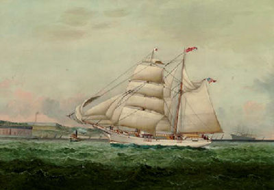 The American yacht "Atalanta" probably passing Fort Adams, Newport