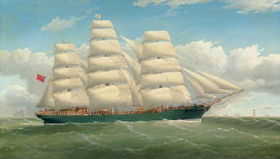 The three-masted clipper ship England's Glory with a lighthouse and other shipping in the distance