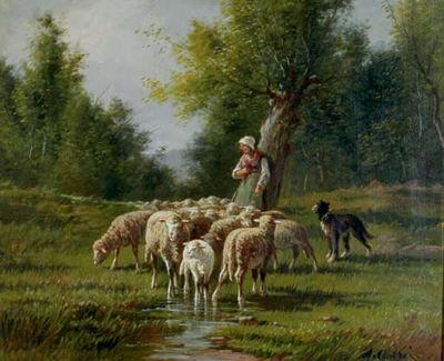 Shepherdess and her flock in the clearing