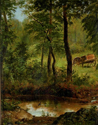 Forest with pond and cart