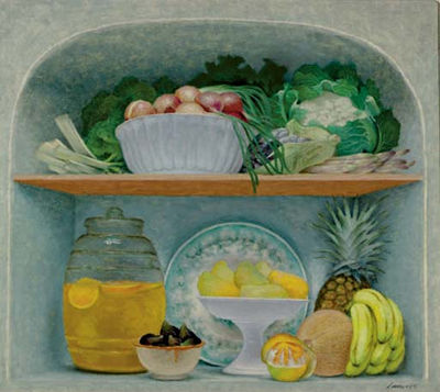 Sill life with fruits and vegetables in bowls