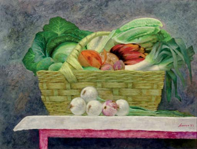 Still life of fruit and vegetables in a basket
