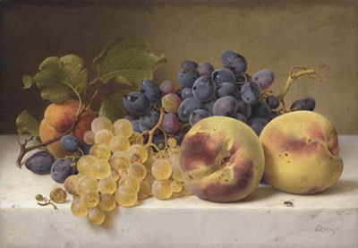 A Still Life with Peaches and Grapes on a Marble Ledge