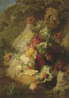 A Still Life of Lace, Flowers and Gloves in a Garden