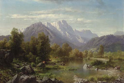 Mountain Landscape with Cattle Watering by a Lake