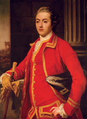 Portrait of a gentleman, said to be John Sadler, half-length, in a red coat, holding a cane and glove in his right hand, a tricorn hat under his left arm, a landscape beyond