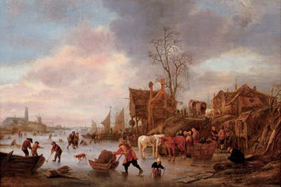 A winter landscape with villagers on a frozen canal