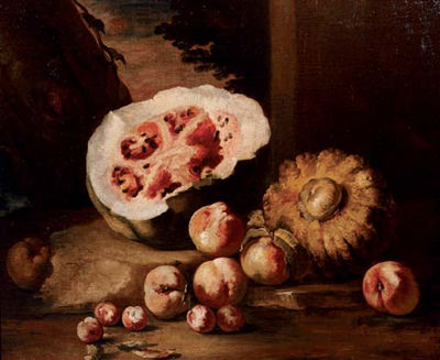 A watermelon, squash, peaches and plums on a stone ground