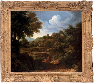 A wooded landscape with figures by a river