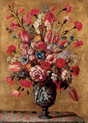 Tulips, carnations, roses, anemones, gladioli, lilac, morning glory and other flowers in a sculpted urn, on a tabletop