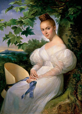 Portrait of a lady, seated in a landscape, in a white dress holding a straw hat