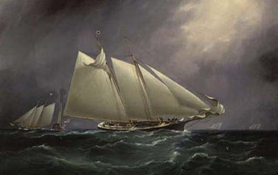 Raising the jib during a yacht race, "Columbia," "Dauntless" and "Madeline"