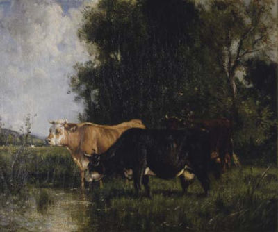 Cattle Watering by a Pond