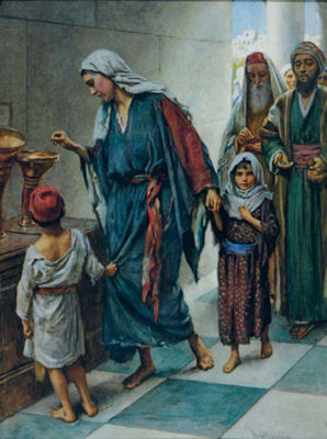 A young woman giving alms to the church