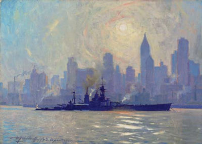 H.M.S. Hood in New york harbor with a view of the New York skyline by Victor Hugo Vilhelm Qvistorff - Auction record, sale price, and art valuation. Compare with similar artists and explore comparable artworks.
