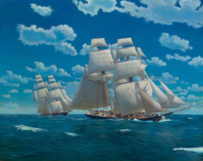 Brigs under full canvas in close quarters at sea