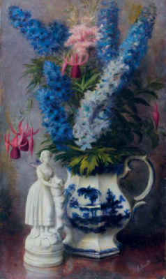 Still life of flowers in a blue and white pitcher