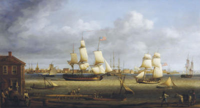 New York harbor anno 1788, with an American frigate, a gun brig and other shipping in the harbor and figures on the quayside